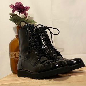 Shiny Lace-Up Ankle Combat Boots by Donald Pliner
